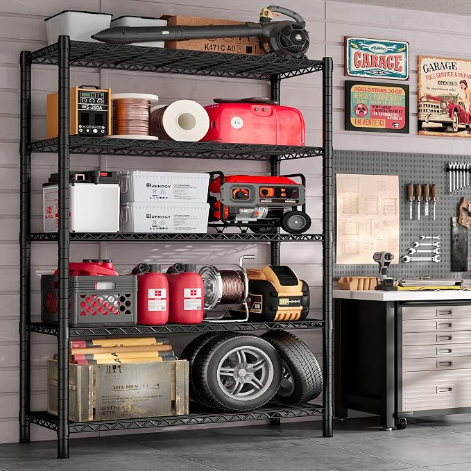 REIBII Storage Shelves Load 1980LBS,5 Tier Metal Shelving Unit with Wheels,Adjustable Wire Shelving Metal Storage Shelves Commercial Shelf for Garage Pantry Kitchen,76''HX36''WX16''D Black - Image 2