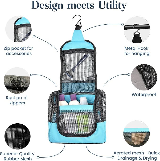 The Fine Living Co. Portable Hanging Shower Caddy Organizer Bag (Free Toiletries Case+Metal Hook) Quick Dry Mesh Shower Caddy Tote Bag Pouch For Bathroom College Dorm Camp Gym Camping 10”x4”x8”(Aqua) - Image 3