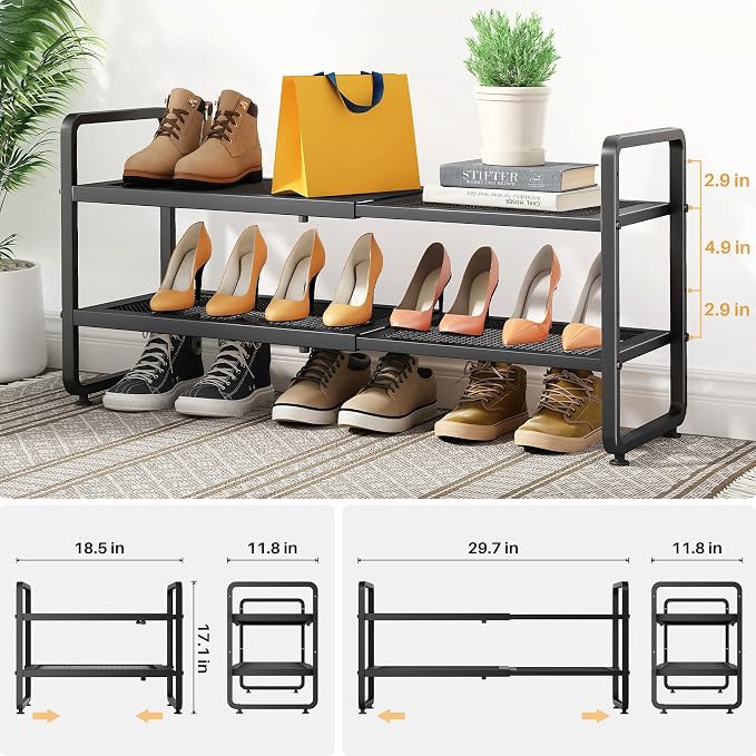 SNTD Shoe Rack - Expandable Shoe Organizer for Closet, Adjustable Metal Shoe Shelf Storage, Stackable Long Shoe Stand Holder for Garage, Entryway, Door Entrance (Black, 2-Tier) - Image 3