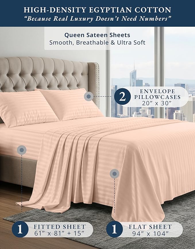 LANE LINEN 100% Egyptian Cotton Bed Sheets Queen Size, Long Staple Soft & Comfy Sateen Weave No Pill Queen Size Bedding Set, Machine wash 15'' Deep Pocket Queen Sheets Damask Stripe - Veiled Rose