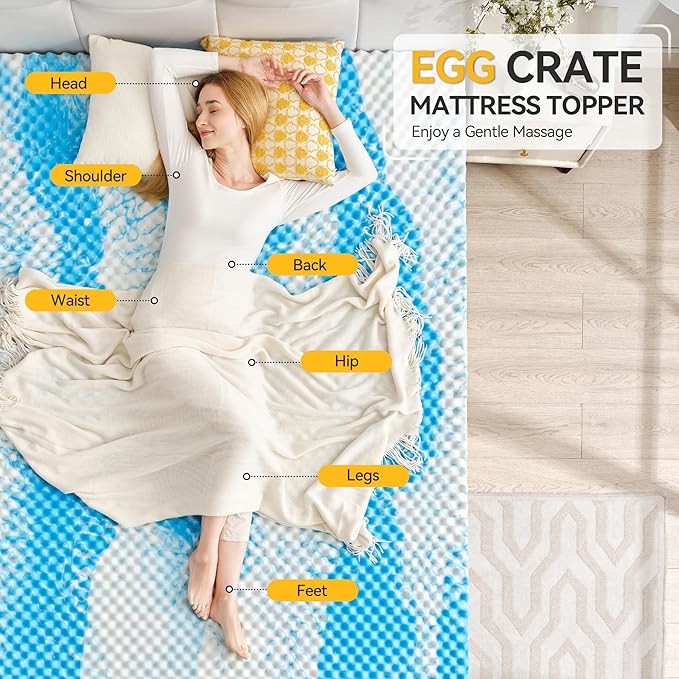 SINWEEK 2 Inch Egg Crate Memory Foam Mattress Topper Queen Size, Soft Mattress Pad for Back Pain Relief, Bed Topper, CertiPUR-US Certified, Blue