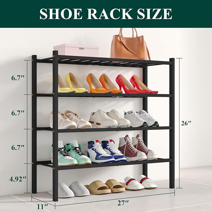 Smiry Shoe Rack, 4 Tier Bamboo Shoe Organizer, Stackable Free Standing Wooden Shoe Storage Shelf for Closet, Entryway, Front Door Entrance, Black - Image 2