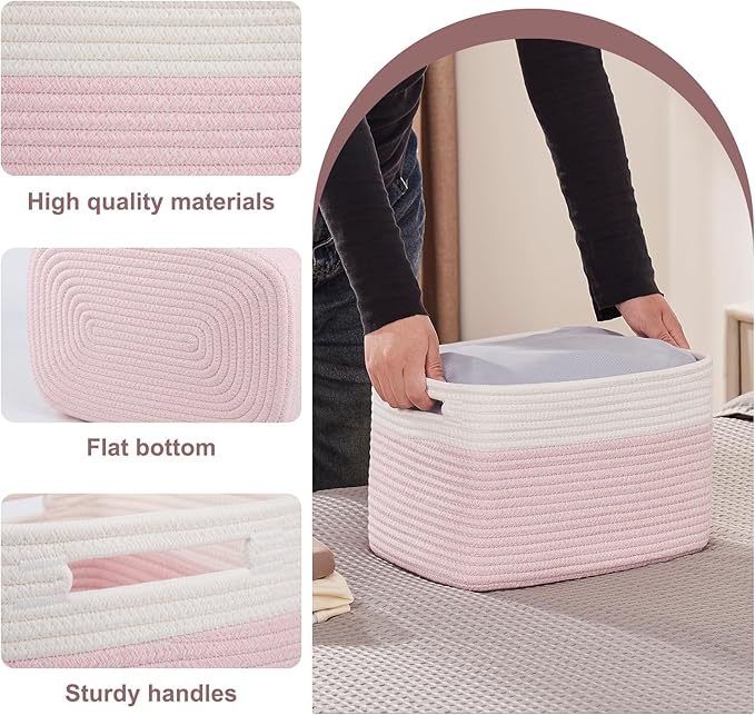 OIAHOMY 4 Pack Storage Baskets for Organizing, Basket for Shelves with Handle, Woven Baskets for Storage Toys, Towels, Books, Cotton Rope Basket 13" L x 9 " W x 7.8 " H, Pink & White - Image 3