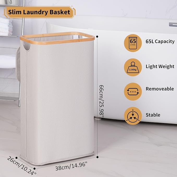 65L Slim Laundry Hamper, Narrow Laundry Basket with Lid,Foldable Clothes Hamper with Bamboo Handles,Hamper Basket with Removable Inner Bag for Laundry Room Bedroom College Dorm,17.17 Gals（Light Grey） - Image 2