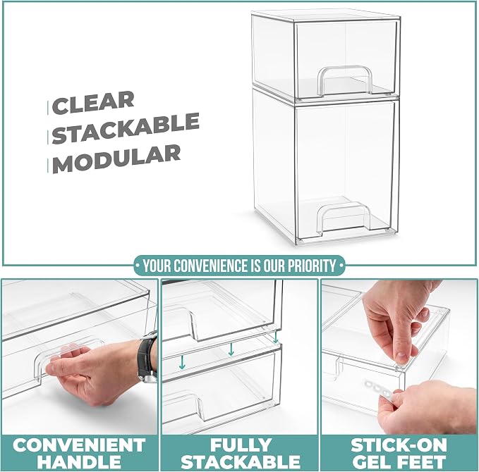 Sorbus Stackable Acrylic Storage Drawers, 2 Pack Clear Plastic Organizer Bins for Baby Bottles, Makeup, Bathroom, Vanity & Countertop Organization, Pull-Out Drawer Design for Cabinets & Pantry - Image 5