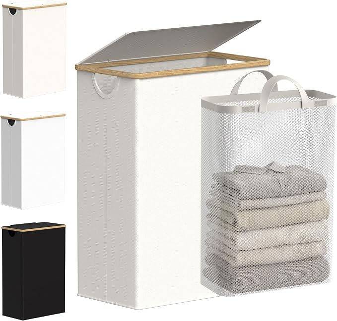 efluky Slim Laundry Basket with Lid, Narrow Laundry Hamper with Removable Bag, Skinny Dirty Clothes Basket with Bamboo Handles for Bathroom, Bedroom & Laundry Room, 65L Beige by efluky