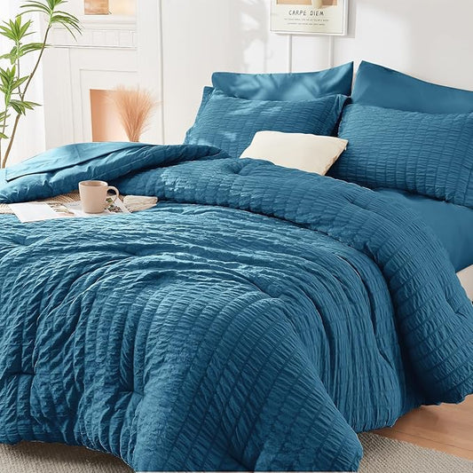 HYMOKEGE Teal Twin Comforter Set Seersucker 5 Pieces, All Season Luxury Bed in a Bag for Bedroom, Bedding Set with Comforters, Sheets, Pillowcase & Sham