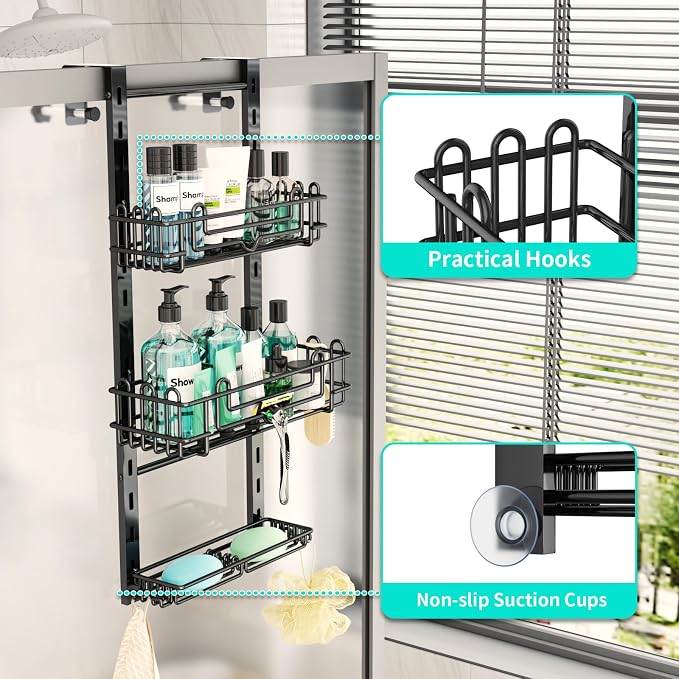 HapiRm 3 Tier Over the Door Shower Caddy, Hanging Shower Caddy with 16 Hooks and 2 Soap Holders, No Drilling Adjustable Hanging Bathroom Organizer - Black - Image 3