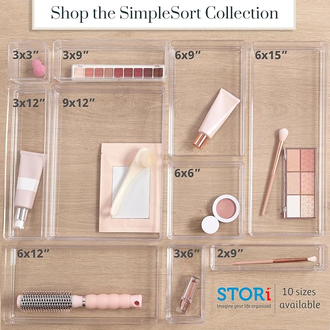 STORi SimpleSort 6-Piece Stackable Clear Drawer Organizer Set | 12" x 3" x 2" Rectangle Trays | Narrow Makeup Vanity Storage Bins and Office Desk Drawer Dividers | Made in USA - Image 8