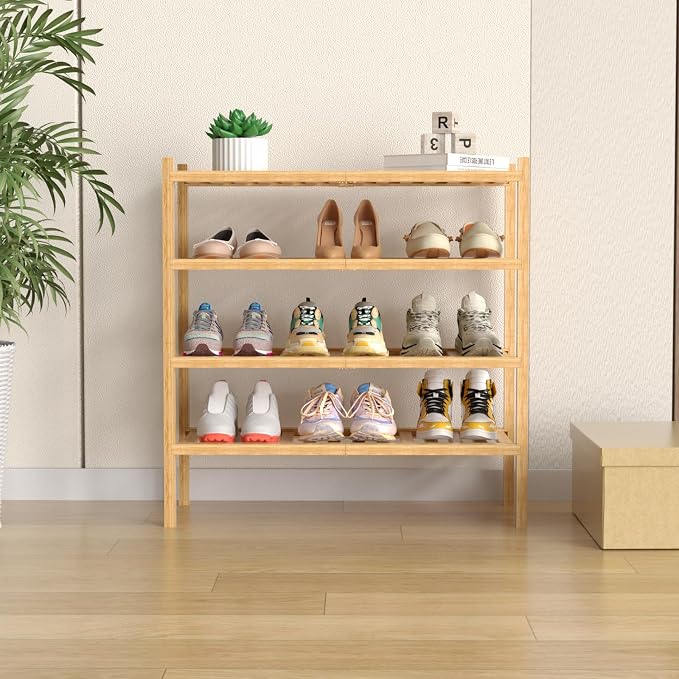 ROMGUAR CRAFT 4 Tier (Thick) Bamboo Shoe Rack for Closet Free Standing Wood Shoe Shelf for Entryway Small Space Stackable 27"x12"x28" (Natural) - Image 2