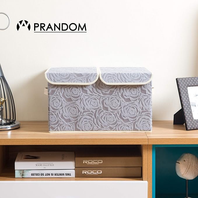 PRANDOM Large Foldable Storage Bins with Lids Fabric Decorative Storage Box Cubes Organizer Containers Baskets with Cover Handles Removable Divider for Home Bedroom Closet 17.3x11.8x9.8 Inch 3 Pack - Image 3
