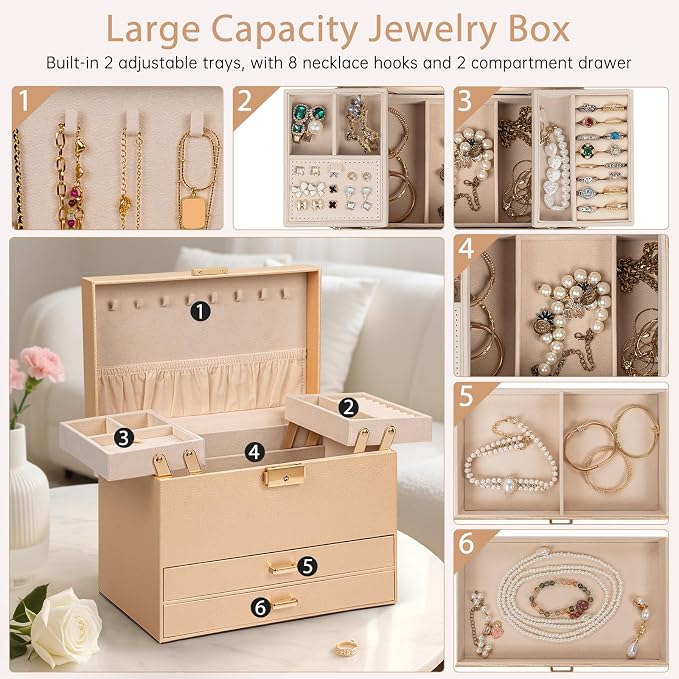 AKOZLIN Travel Jewelry Box Organizer Functional 2-trays Leather Jewelry Storage Case with Lockable Portable 2 Drawers for Women Girls Ring Necklace Earring Bracelet - Image 5