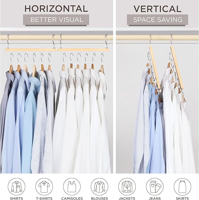 MORALVE Space Saving Hangers for Closet – 4 Pack European Beechwood 6-Tier Shirt Organizer with 360° Swivel Hook – Collapsible Clothes Hanger for Closet Organization (Hangers Not Included) - Image 4