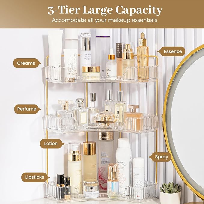 Aveniee Corner Bathroom Counter Organizer, Bathroom Countertop Shelf Makeup Storage, Clear Perfume Tray Holder (3 Tiers, White) - Image 2