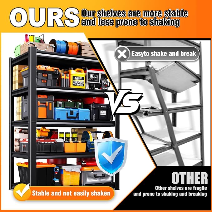 2 Pack Storage Shelves,3000LBS Garage Shelving ,Adjustable Garage Shelves ,Heavy Duty Metal Shelving, 5 Tier Wood Utility Steel Shelf, Easy-to-install Shelving Units and Storage 71.2''x46''x19.7" - Image 5