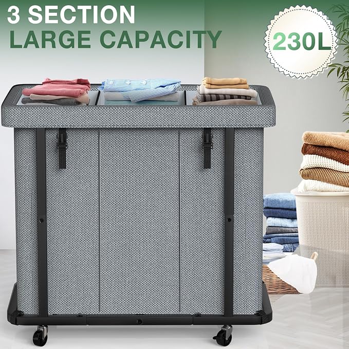 60 Gal (230L) High Grade Large Laundry Basket with Wheels, Rolling Laundry Hamper, Laundry Cart with Metal Frame and Removable Bag Design, Suitable for Laundry Room, Bedroom (Grey, 3 Section 230L) - Image 2