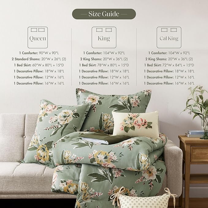 Madison Park Vintage Floral Reversible Comforters King Size Bed, All Season, Down Alternative Bedding Comforter, Bedskirt, Pillows, Shams, Salara, Cal King Green 7 Piece | Reversible