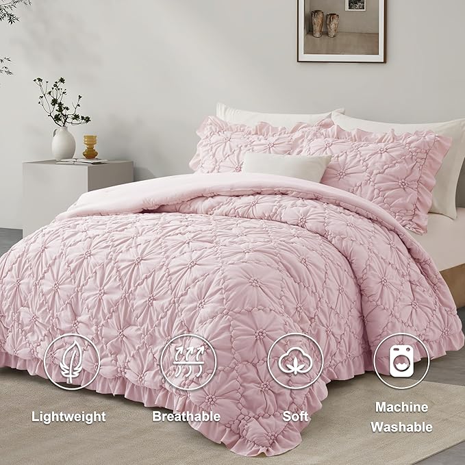 BEDAZZLED Queen Size Comforter Sets, Pink Bedding Comforter Set, 3 Pieces Pinch Pleat Bedding Sets with Comforter and Pillowcases Soft Farmhouse Shabby Chic Comforter for All Seasons