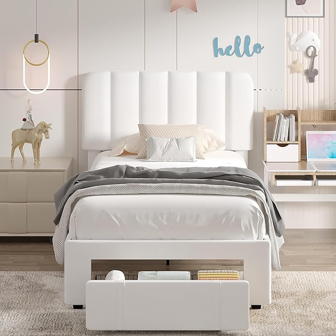 VECELO Twin Size Upholstered Bed Frame with 4 Drawers and Headboard, Velvet Platform Storage Bedframe, Wooden Slats Support, No Box Spring Needed,White