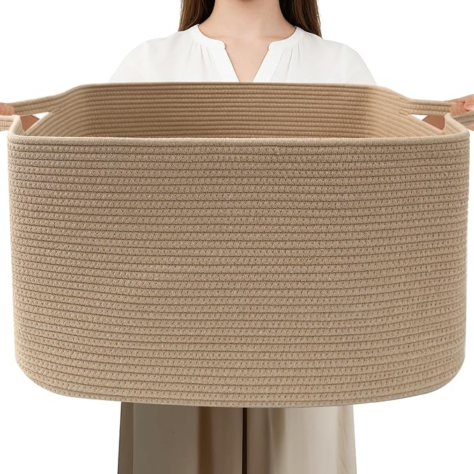 Large Blanket Basket,Woven Rope Basket Storage Bin with Handles,65L Rectangle Laundry Basket for Magazines,Toys,Clothes,Newspaper Shelf Organization,Nursery and Living Room,Jute by HZFTJOY