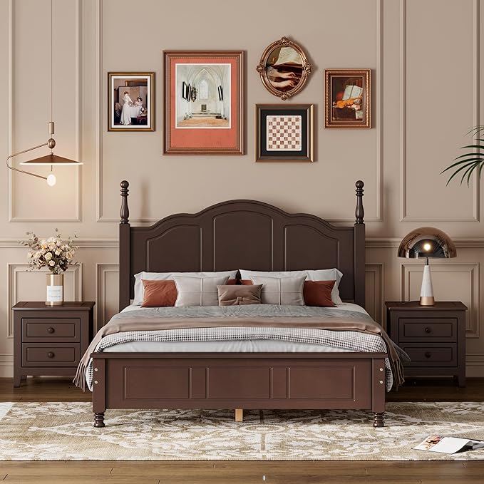 Harper & Bright Designs 3-Piece Full Bedroom Set, Walnut Full Size Wood Platform Bed with 2 Nightstands, Retro Design, Easy to Assemble
