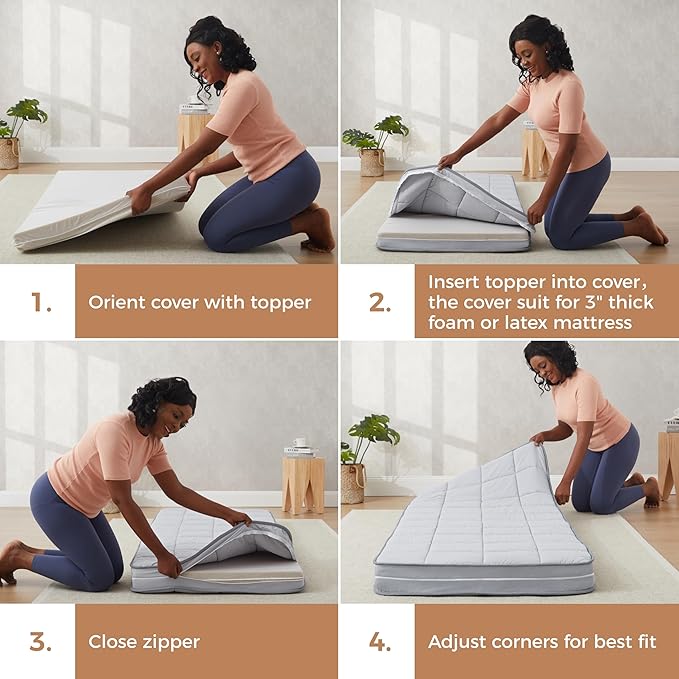 3Inch Twin Mattress Topper Cover(Only Cover),Cot Mattress Protector Bedding,Foam and Latex Mattress Cover with Zipper,Pillow Top and Bottom(75 x 38”) Gray
