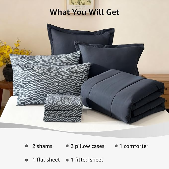 Monbix King Size Comforter Set - 7 Pieces Bed in a Bag King, Blue Grey Track Stitching Bedding Sets with Comforter, All Seasons Comforter Bed Set with Sheets, Pillowcases & Shams