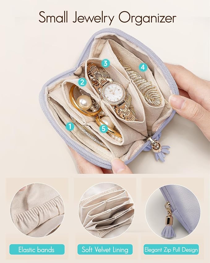 VLANDO Mini Jewelry Travel Case,Jewelry Pouch Bags with Zipper, Velvet Jewelry Organizer Storage Bag for Bracelet Rings Earring Travel Essentials Gifts for Women Girl - Purple - Image 3