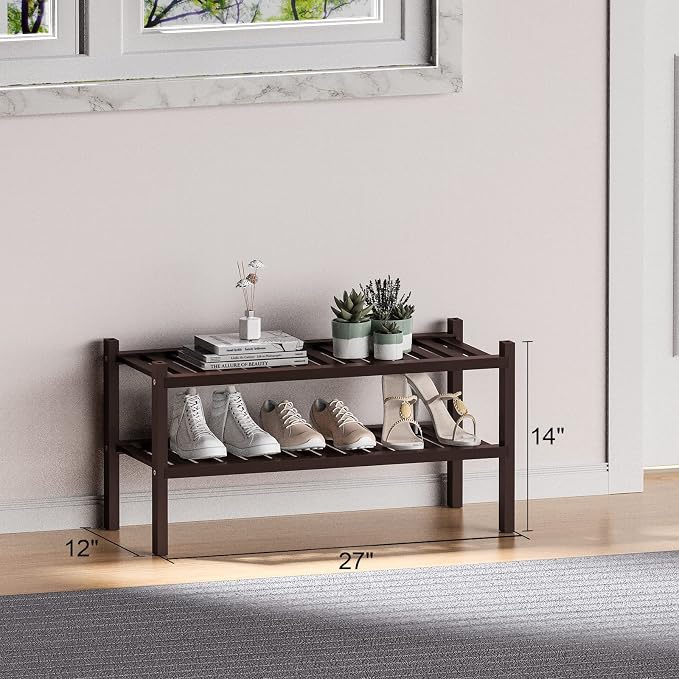 ROMGUAR CRAFT 2 Tier (Thick) Bamboo Shoe Rack for Closet Free Standing Wood Shoe Shelf for Entryway Small Space Stackable 27"x12"x14" (Black Brown) - Image 3