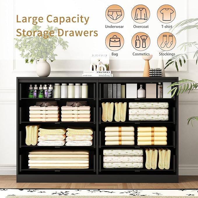 8 Drawer Dresser and Nightstand Sets for Bedroom, 3 Pcs Bedroom Set，Night Stand Set of 2 & 8 Drawer Dresser with Gold Handles, Modern Wood Chest of Drawers Storage Cabinet Set, Black