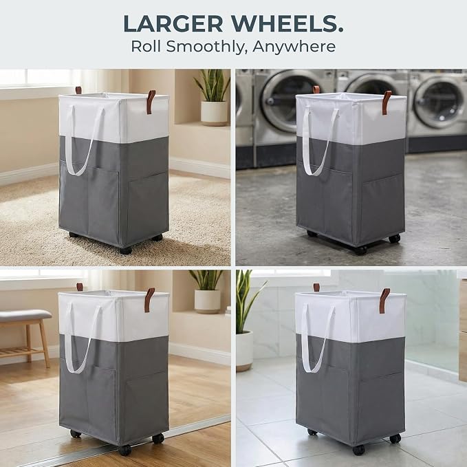 Laundry Basket with Wheels – Foldable, Space-Saving, Fabric Slim Laundry Hamper with Removable Bag and Side Pouches – Lightweight 75L Washing Basket for Clothes, Bedroom, Bathroom, Dorm - Image 8