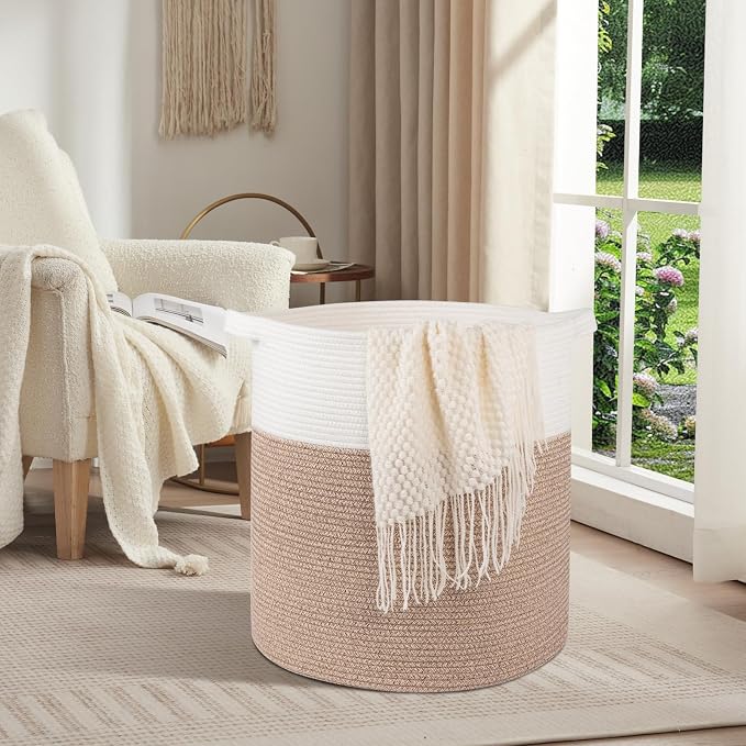 OIAHOMY 80L Laundry Hamper, Storage Basket with Handles, Laundry Basket For Toys, Pillows, Blankets,Clothes-20x18in-Brown&White - Image 2