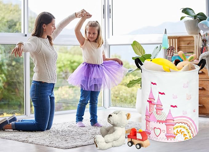 MAIZMZ Kids Hamper Pink Castle Storage Bins Organizer Toy Box Laundry Basket Large Canvas Collapsible Chest for Home/Dorm/Kitchen/Pet/Office/Closet/Shelf/Gift Baskets - Image 2