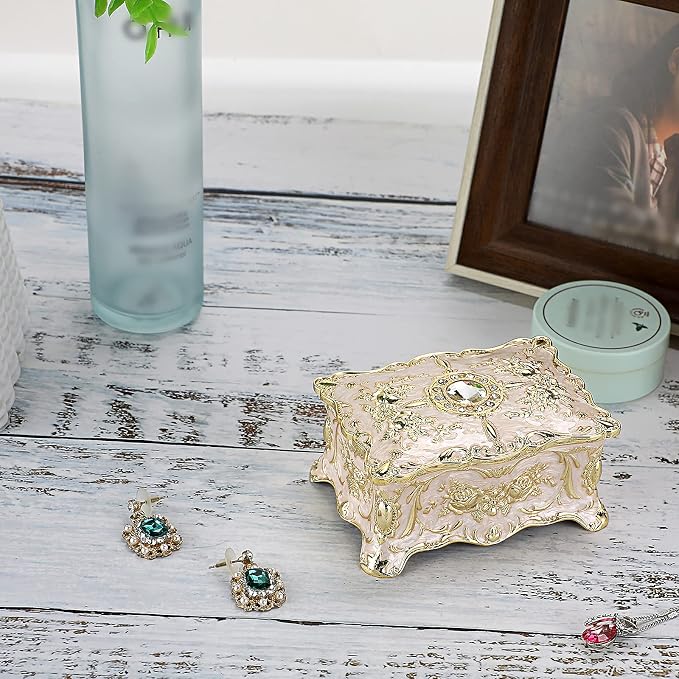 Hipiwe Vintage Jewelry Box, Small Enameled Trinket Box Organizer Rectangular Treasure Chest Box Jewelry Decorative box Keepsake Gift Box Case for Women,3.7x 2.7x 2 inch - Image 2