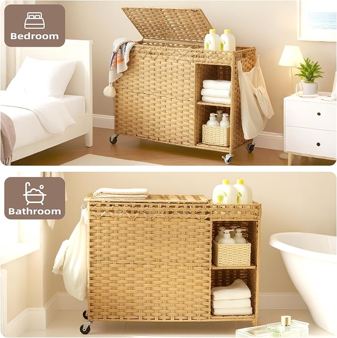 Laundry Hamper with Lid, 160L Rattan Wicker Laundry Basket with Wheels, Handwoven Laundry Hamper 3-Section with Storage shelf(42.3 Gal), Laundry Sorter Basket with Removable Liner, Natural HLH033N - Image 7