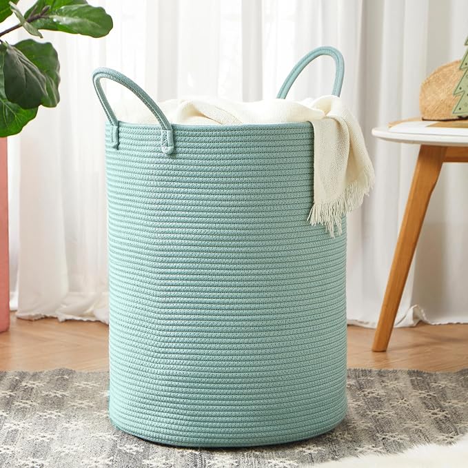 15Dx20H Inches Tall Green Cotton Rope Laundry Hamper Woven Basket for Clothes Blanket Storage in Bedroom Living Room for Baby Nursery Kids Toys Organize 62L Large Capacity by MOJOSCEND