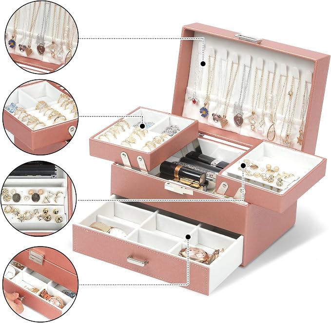 Dajasan Jewelry Organizer Box, Large Jewelry Boxes for Women Girls, Space-Saving 3 Layers Jewelry Storage Case with Drawer, Movable Metal Stand, Modern, Gift Idea (Champagne) - Image 2