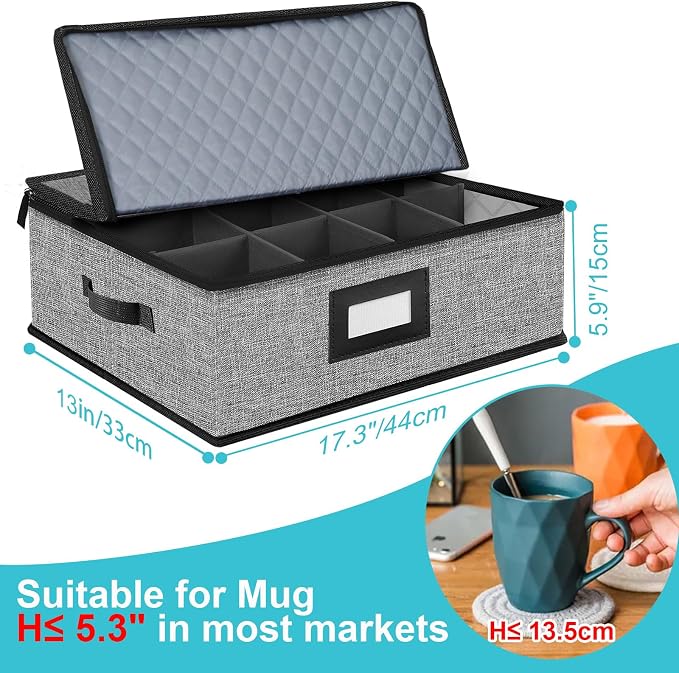 5 PACK China Storage Containers-Quilted Mug Storage and Moving Boxes for Dishes,Dish Packing Supplies for Moving,Dinnerware &Accessories,Holds a total of 48 plates (4 sizes) and 12 cups(Grey) - Image 6