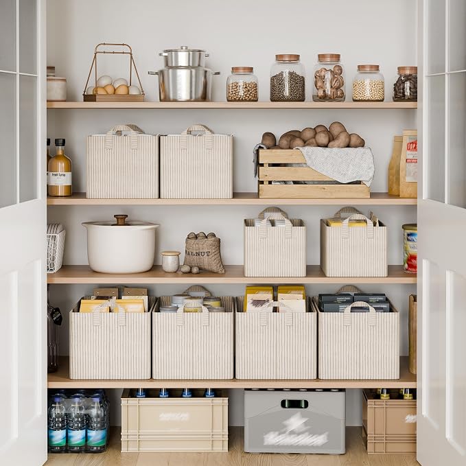StorageWorks Storage Bins, Fabric Storage Bins for Shelves, Storage Baskets with Metal Frame, Closet Baskets and Bins with Handles, Khaki and Beige Stripes, 2-Pack - Image 3
