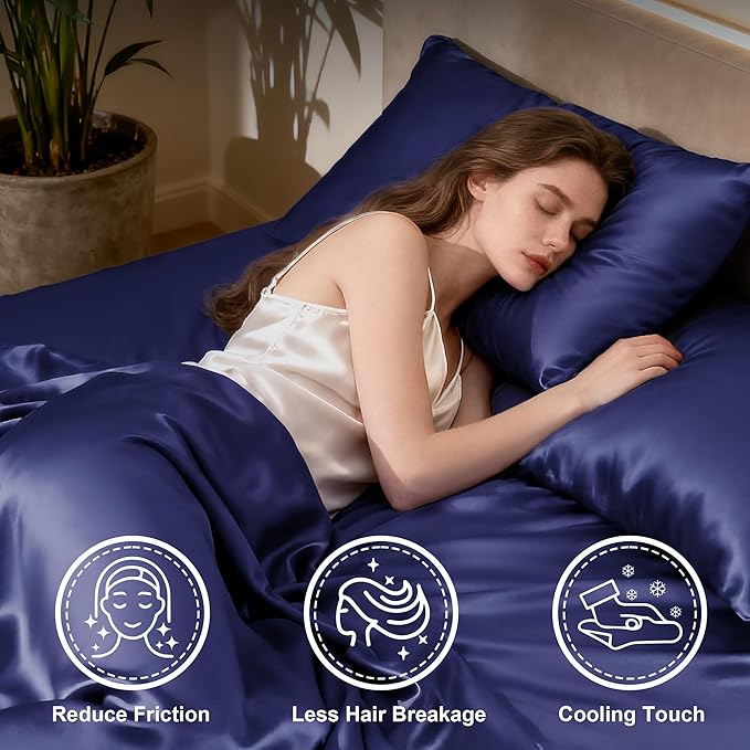 Love's cabin Twin XL Satin Sheet Sets - 3 Piece Navy Blue Silky Bed Sheets with Deep Pockets, Luxury Silk Feel Satin Sheet Set Twin XL (1 Flat Sheet,1 Fitted Sheet,1 Pillow case)