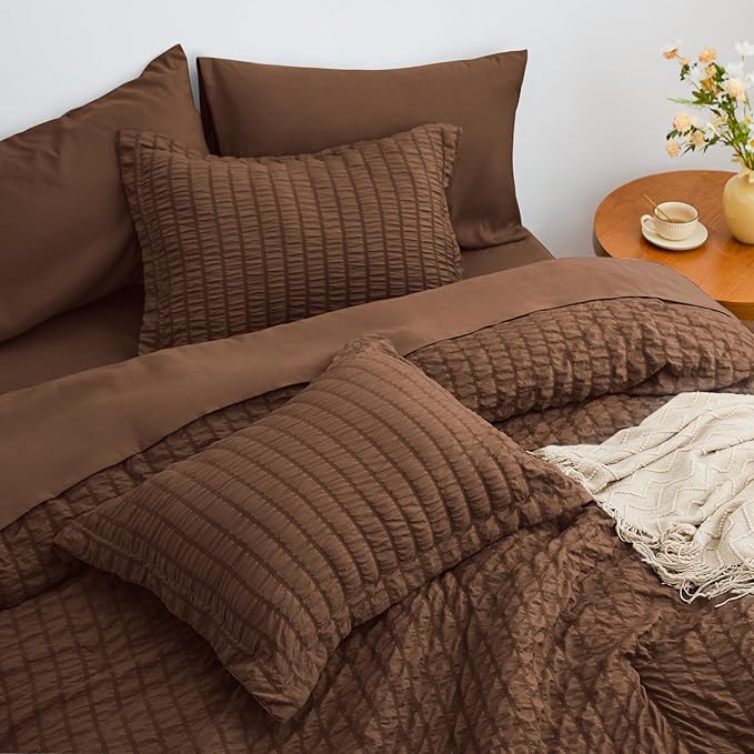 Love's cabin Seersucker Brown King Size Comforter Set, 7-Piece All Season Lightweight Bed in a Bag Bedding Set with Comforter, Flat Sheet, Fitted Sheet, Pillowcases and Shams | Soft, Breathable, Lightweight