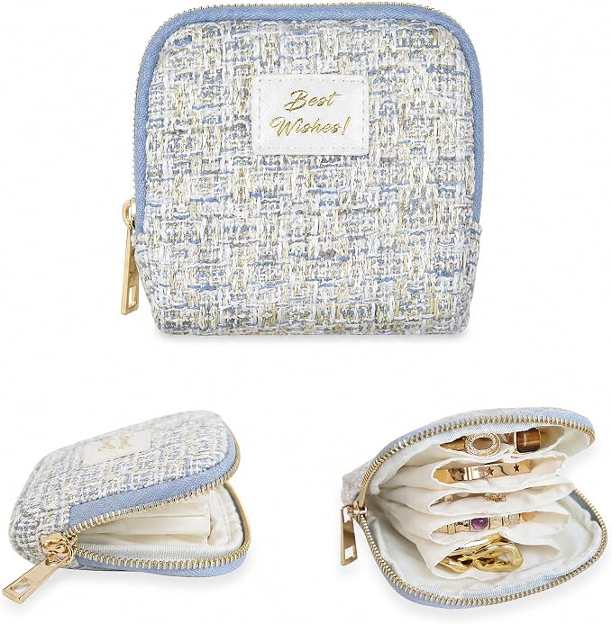 Stratalife Travel Jewelry Case Organizer for Women Portable Jewelry Box with Small Pouches for Gemstones Healing Crystal Bracelets, Necklace Bangles Storage, Pendants Ring Holder Zipper, Quilted Blue by Stratalife