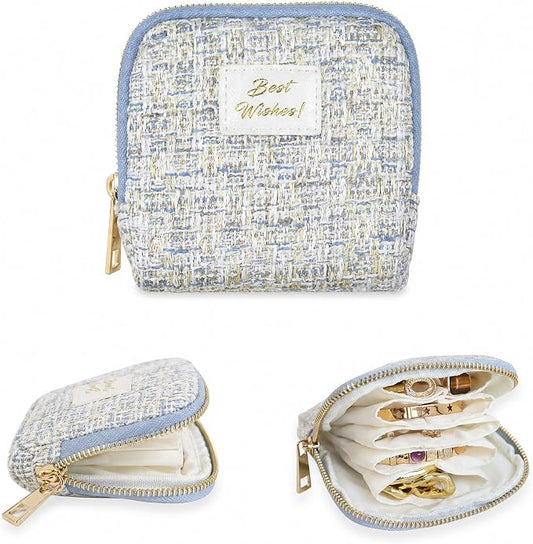 Stratalife Travel Jewelry Case Organizer for Women Portable Jewelry Box with Small Pouches for Gemstones Healing Crystal Bracelets, Necklace Bangles Storage, Pendants Ring Holder Zipper, Quilted Blue by Stratalife