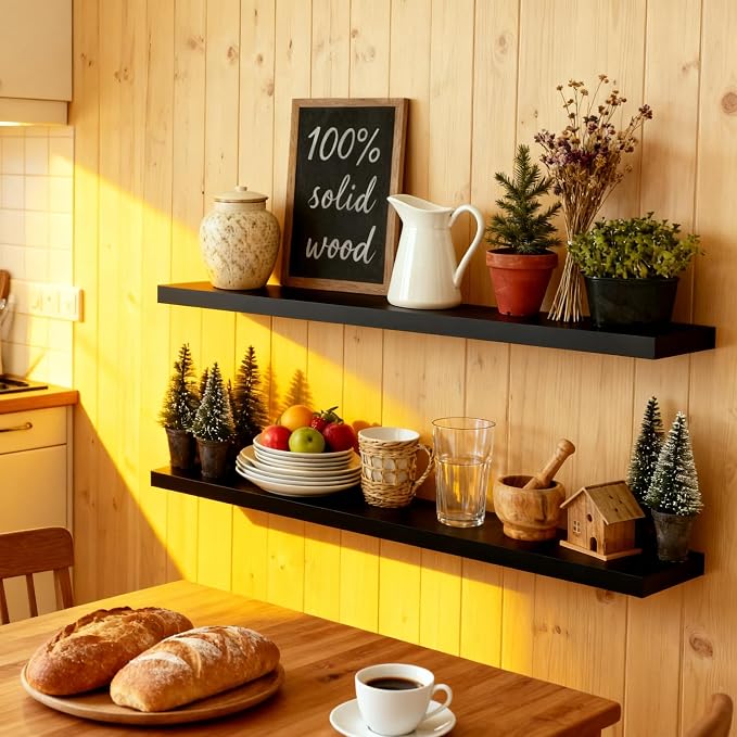 ROGMARS 36 Inches Long Black Floating Shelves,Rustic Solid Wood Farmhouse Wall Shelves with Invisible Brackets for Bathroom, Living Room, Bedroom, Kitchen Set of 2 - Image 2