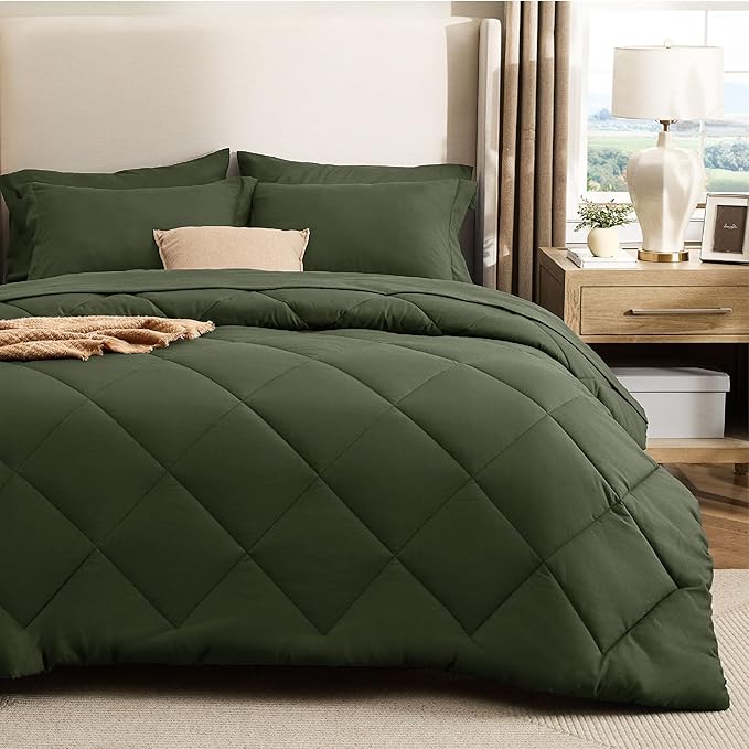 Bedsure 7 Pieces Queen Comforter Set Premium Series, Hotel Luxury Soft Bed in a Bag, Goose Down Alternative, Safe for Sensitive Skin Bedding Comforter All Season Medium Warmth, Olive Green Queen Size