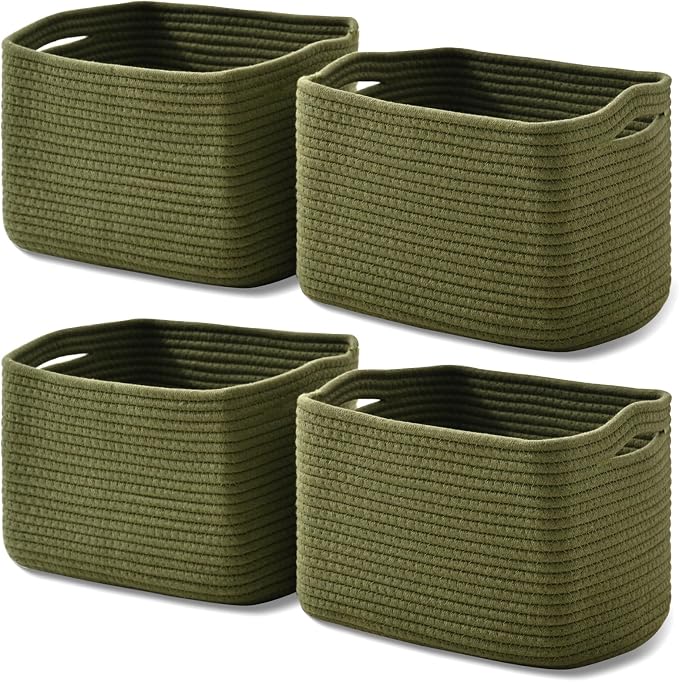 ICERZCZ Storage Basket for Shelves, Small Baskets for Organizing, Woven Cotton Rope Baskets for Storage, Book Basket, Decorative Shelf Basket, 12.5"Lx9.1''Wx7.9''H (4 Packs) Green by ICERZCZ
