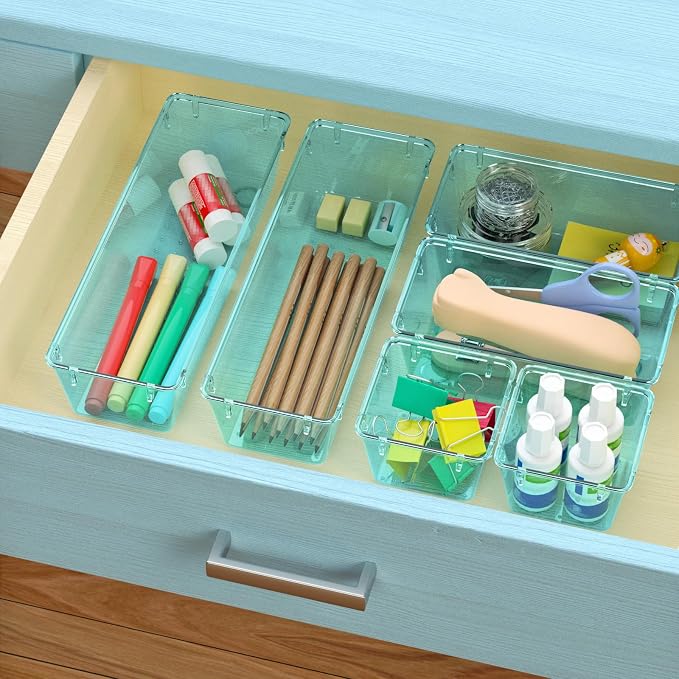 WOWBOX 12 Pack Clear Drawer Organizer Set, Acrylic Drawer Storage Trays, Storage Bins for Makeup, Cosmetics, Jewelries, Utensils, Gadgets, Office, Sea Blue - Image 6