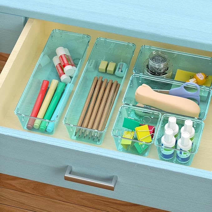 WOWBOX 9 Pack Clear Drawer Organizer Set, Acrylic Drawer Storage Trays, Storage Bins for Makeup, Cosmetics, Jewelries, Utensils, Gadgets, Office, Sea Blue - Image 6