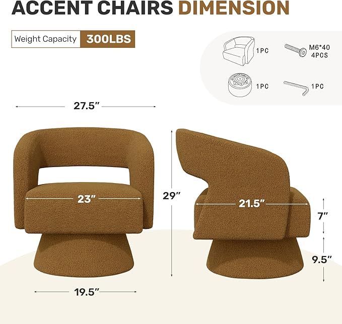 Nebuaegis Swivel Accent Chair, Modern Comfy Teddy Barrel Chairs, Oversized Upholstered Round Arm Chair for Living Room, Bedroom, Reading Room, Brown, 1 PCS