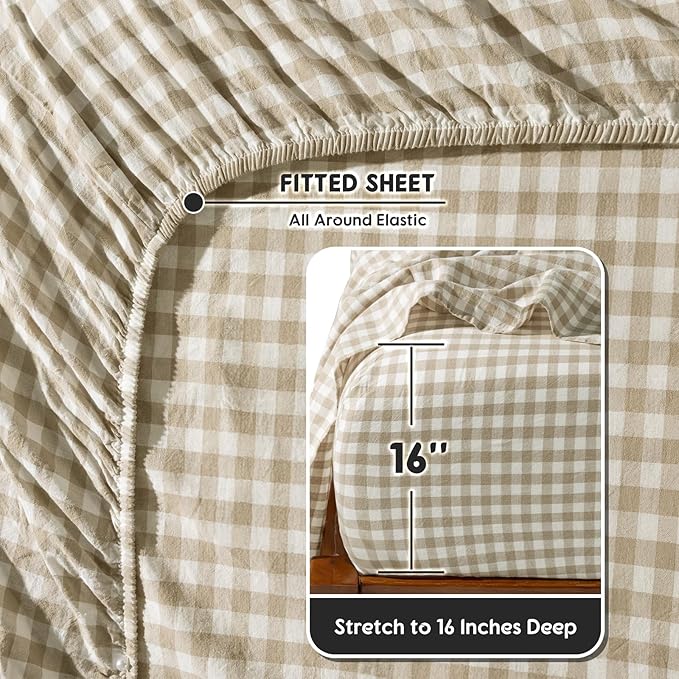 SONORO KATE 100% French Pure Linen Sheets, Breathable and Durable Linen King Size Sheets, Anti-Tear Bed Sheets, Machine Washable, 16 Inch Deep Pocket - 4 Piece (Linen & White Plaid)